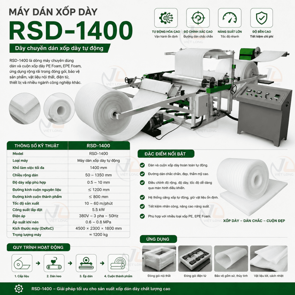 Thiết bị RSD-1400 – Máy dán xốp dày tự động tại nhà máy Việt Long