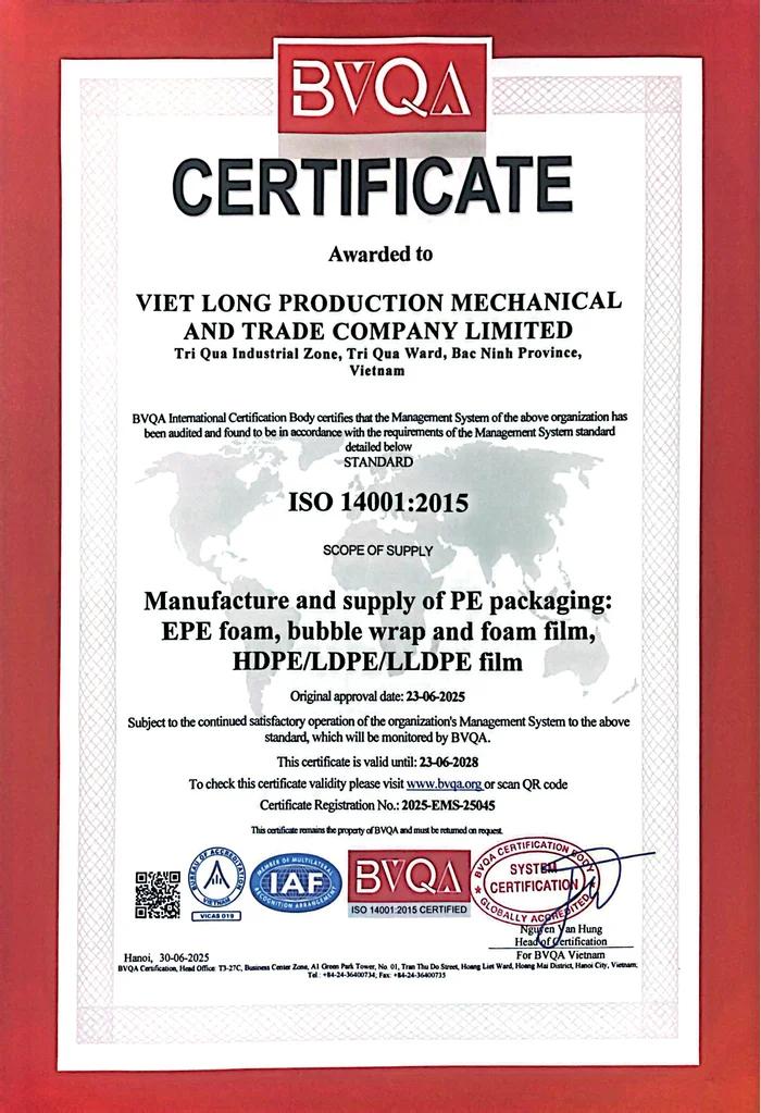 Chứng chỉ ISO 14001:2015 của Việt Long