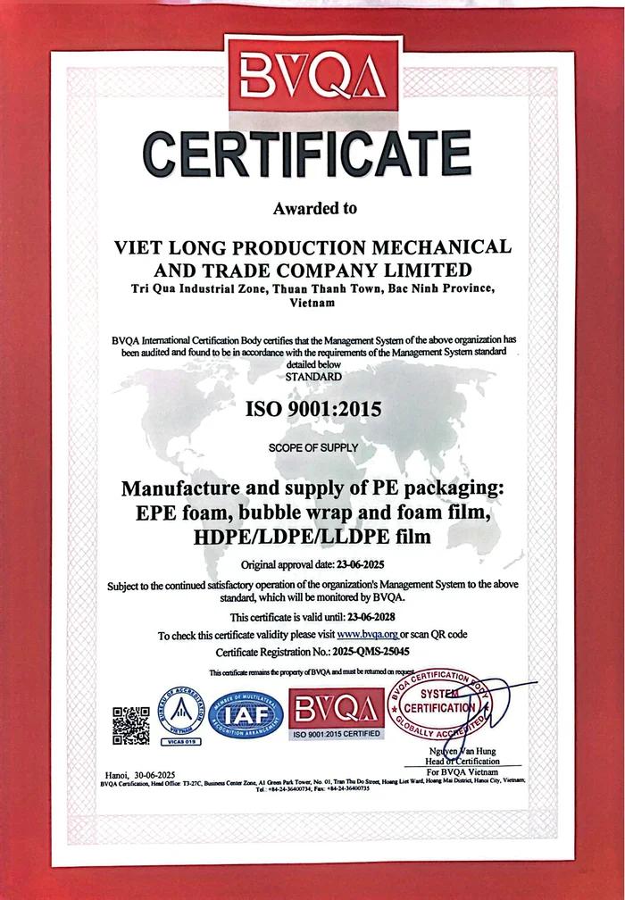 Chứng chỉ ISO 9001:2015 của Việt Long