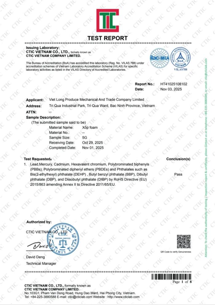 Chứng chỉ Test Report — RoHS của Việt Long