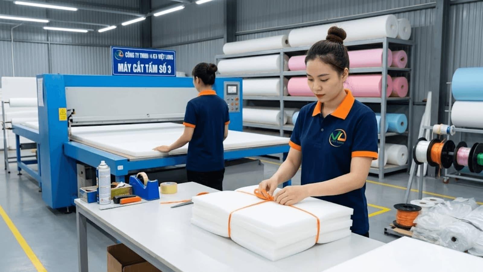 Nhân viên đóng gói tấm xốp thành phẩm
