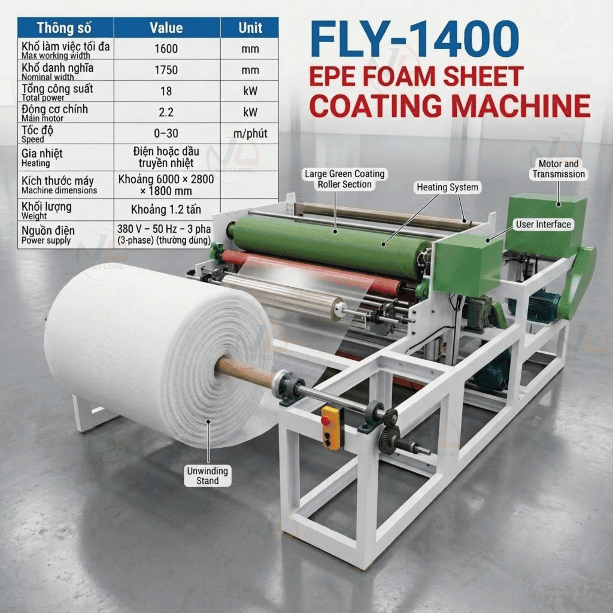 Thiết bị Máy tráng ghép tấm xốp EPE FLY-1400 tại nhà máy Việt Long