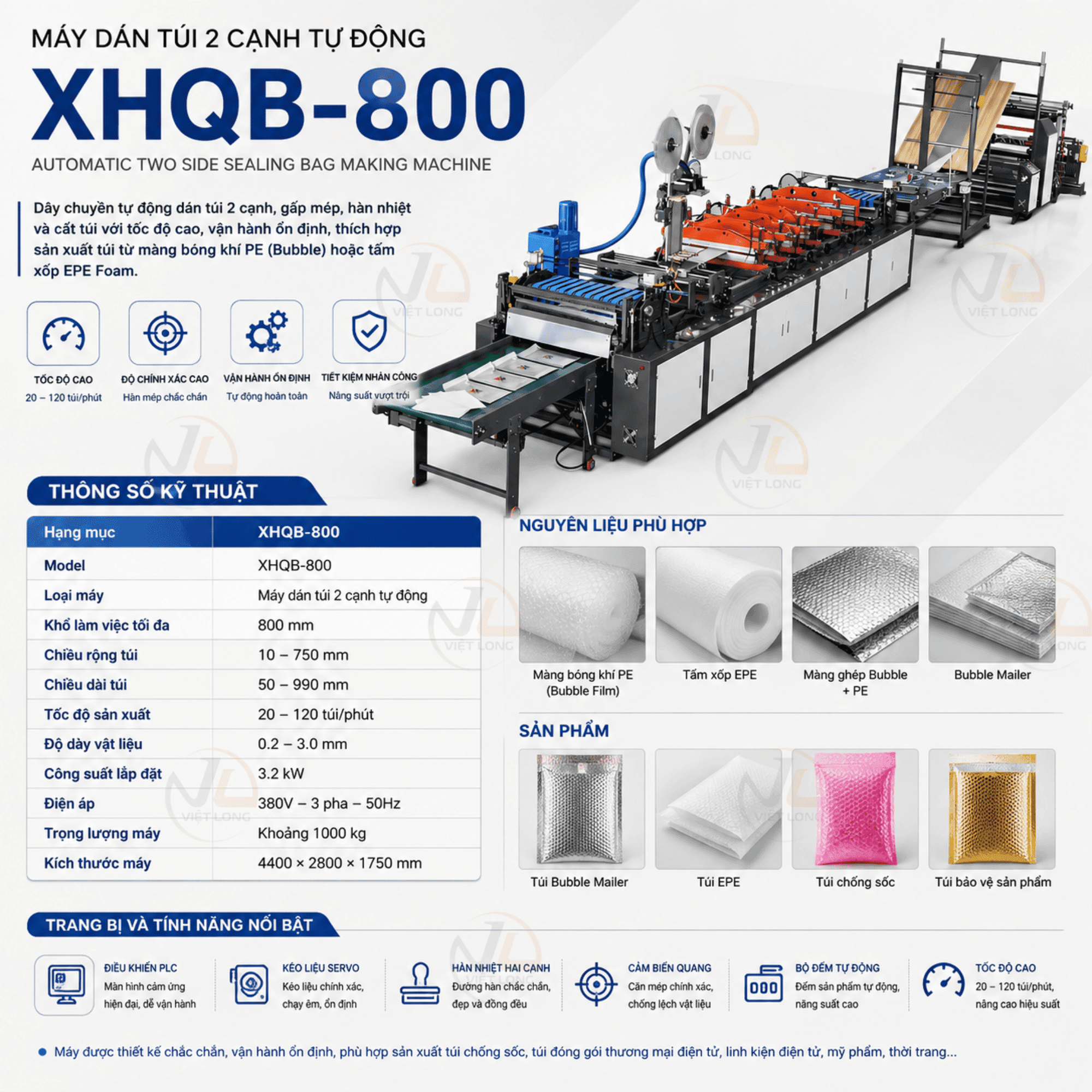 Thiết bị Máy dán túi 2 cạnh tự động XHQB-800 tại nhà máy Việt Long
